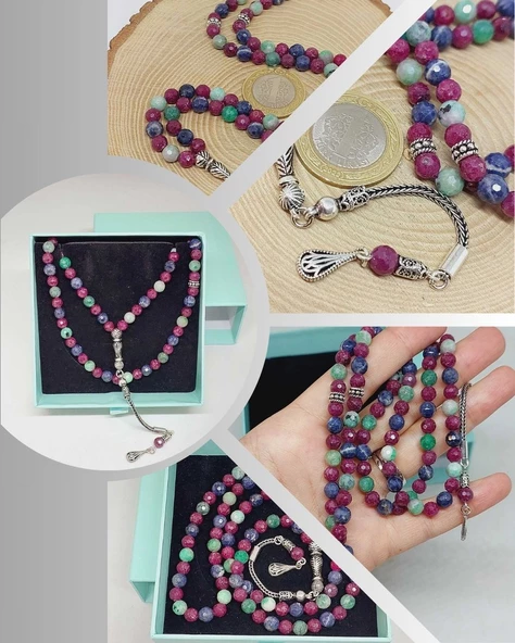 Yakut & Safir & Zümrüt Taşı Faset Kesim 99luk Tesbih 6mm 925 Ayar Gümüş Malzeme ürün görseli 1