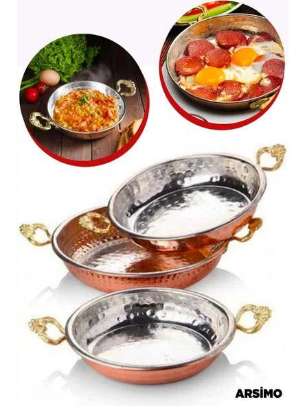 Takım Kalın Bakır 3 lü Bakır Tava Sahan Seti El İşlemeli Dövme Yumurta Tavası 14cm+18cm+22cm ürün görseli 1