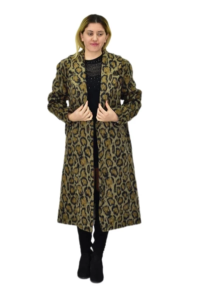 Kadın Leopar Desenli Uzun Kaşe Kaban BGL-ST04064 ürün görseli 1