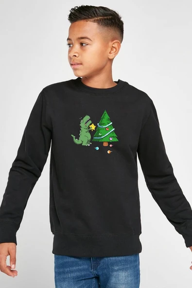 Dinosaur Christmas Tree Siyah Çocuk 2ip Sweatshirt ürün görseli 1