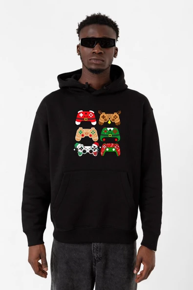 Video Game Controller Christmas Siyah Erkek 3ip Kapşonlu Sweatshirt ürün görseli 1