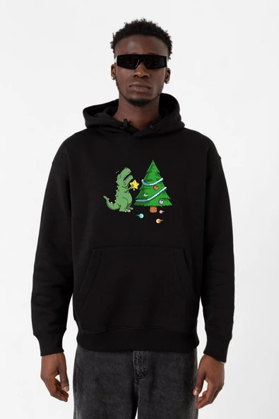 Dinosaur Christmas Tree Siyah Erkek 3ip Kapşonlu Sweatshirt ürün görseli 1