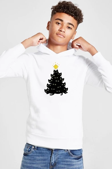 Meowy Christmas Beyaz Çocuk 3ip Kapşonlu  Sweatshirt ürün görseli 1