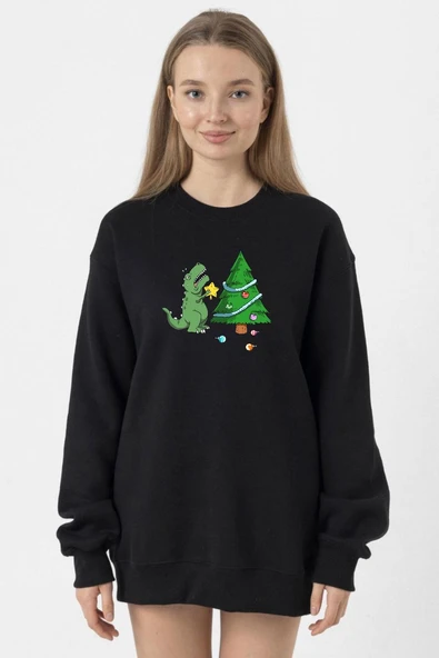 Dinosaur Christmas Tree Siyah Kadın 2ip Sweatshirt ürün görseli 1