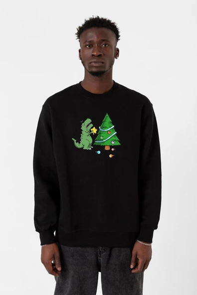 Dinosaur Christmas Tree Siyah Erkek 2ip Sweatshirt ürün görseli 1