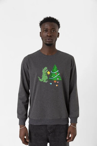 Dinosaur Christmas Tree Füme Erkek 2ip Sweatshirt ürün görseli 1