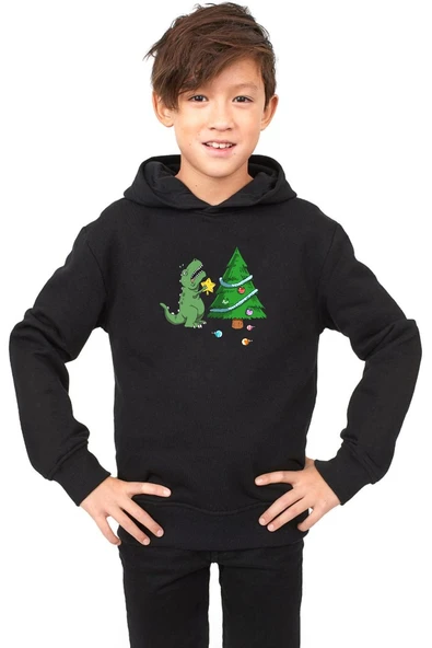Dinosaur Christmas Tree Siyah Çocuk 3ip Kapşonlu ürün görseli 1