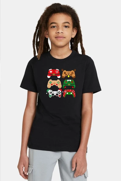 Video Game Controller Christmas Siyah Çocuk Tshirt ürün görseli 1