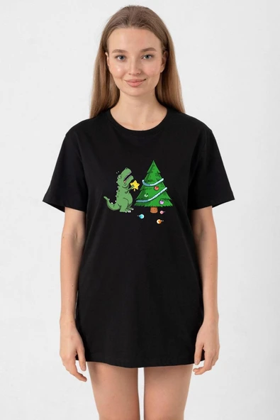 Dinosaur Christmas Tree Siyah Kadın Oversize Tshirt ürün görseli 1