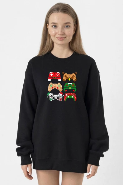 Video Game Controller Christmas Siyah Kadın 2ip Sweatshirt ürün görseli 1
