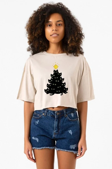 Meowy Christmas Bej Kadın Crop Tshirt ürün görseli 1