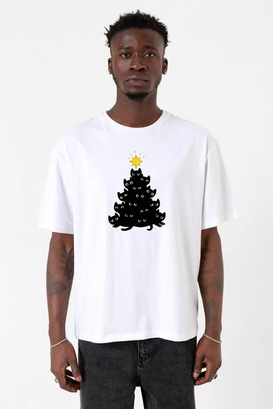 Meowy Christmas Beyaz Erkek Oversize Tshirt ürün görseli 1