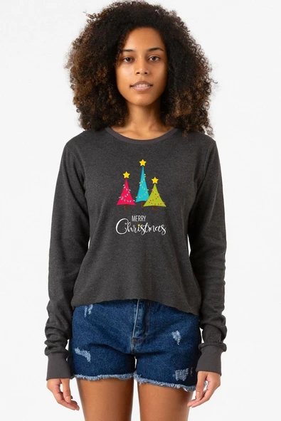 Merry Christmas Füme Ekstra Uzunkol Sweatshirt ürün görseli 1