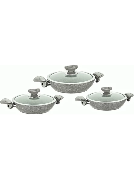 New And Single Granit Sahan Cam Kapaklı Tava 3 lü Set 6 Parça 18 - 20 - 22 cm Gri ürün görseli 1