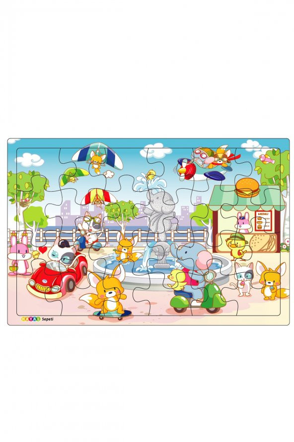 Sevimli Hayvanlar Şehirde  3-9 Yaş için 24 Parçalı Ahşap Puzzle Yapboz ürün görseli 1