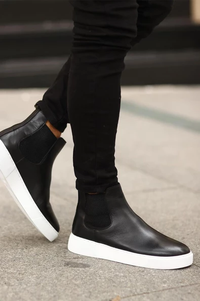 Shoetyle - Siyah Hakiki Deri Erkek Chelsea Bot - Beyaz Taban -  250-041 ürün görseli 1