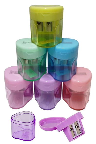 Kalemtıraş Çift Bıçaklı Hazneli 6 Renk 1 Paket MK-4014 Pastel Renkler iki Bıçaklı Jumbo Kalemtraş Kalem Açaçagı Plastik ürün görseli 1