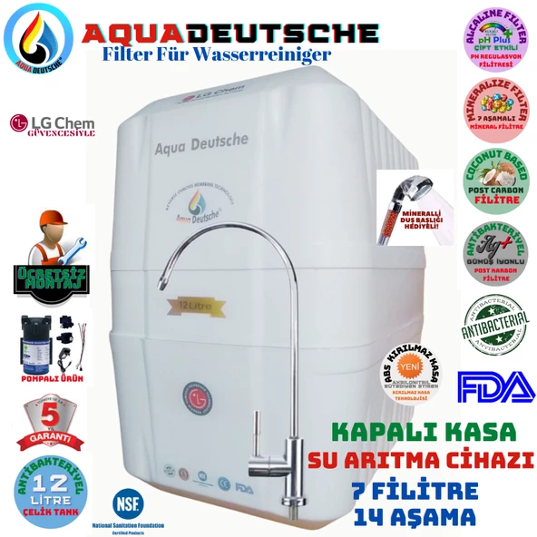 AQUA DEUTSCHE BEYAZ POMPALI MONTAJ DAHİL12 LİTRE 7 FİLTRE 14 AŞAMA SU ARITMA CİHAZI ürün görseli 1