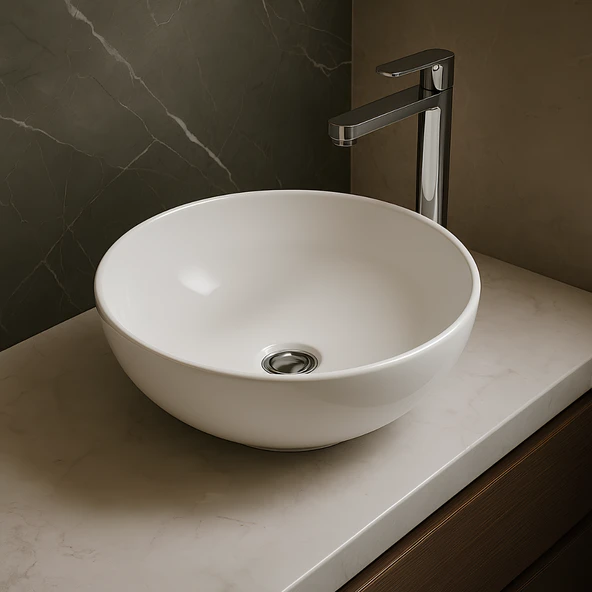 Turavit Toledo Oval Tezgâh Üstü Batarya Deliksiz Beyaz Lavabo 40x40 Cm TLD0709 ürün görseli 1