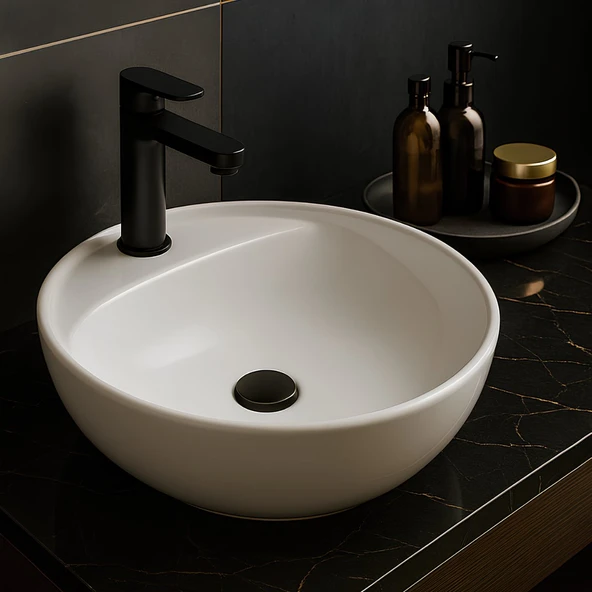 Turavit Toledomix Tezgâh Üstü Oval Batarya Delikli Beyaz Lavabo 40x40 Cm TLD0712 ürün görseli 1