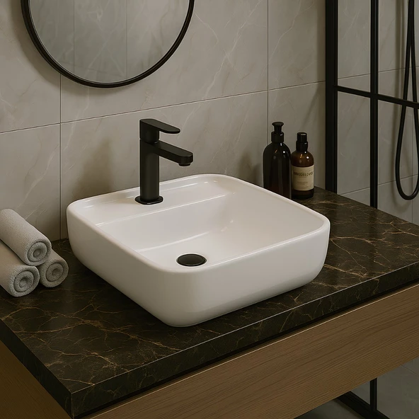 Turavit Portomix Kare Tezgâh Üstü Batarya Delikli Beyaz Lavabo 40x40 Cm PRT0711 ürün görseli 1