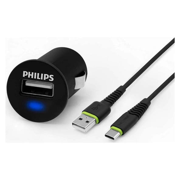 Philips USB Araç Şarj Cihazı 2.1A + USB-C 1.2 mt Şarj Kablosu Siyah ürün görseli 1