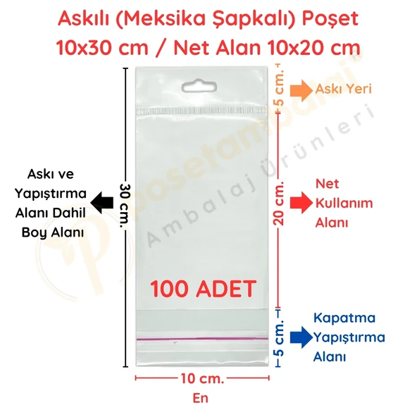 10 x 30 cm (Kapalı Hali 10 x 20 cm) 100 Adet Askılı Poşet - Meksika Şapkalı ürün görseli 1