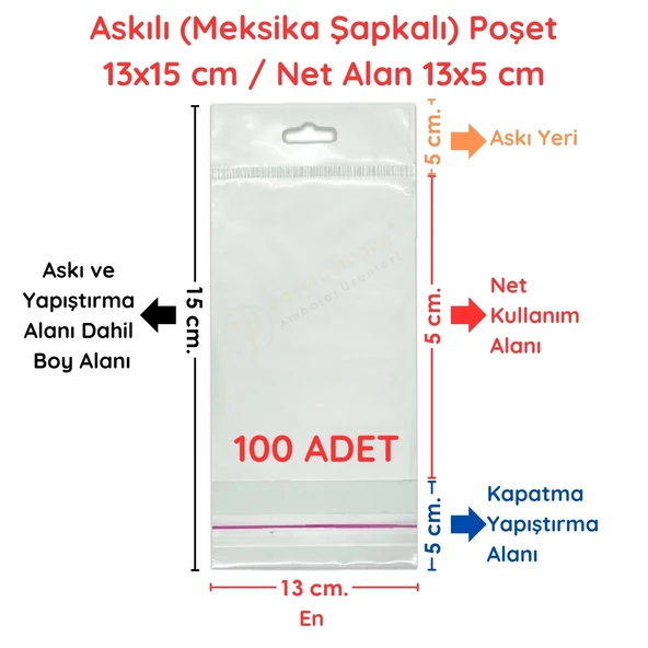 13 x 15 cm (Kapalı Hali 13 x 5 cm) 100 Adet Askılı Poşet - Meksika Şapkalı ürün görseli 1