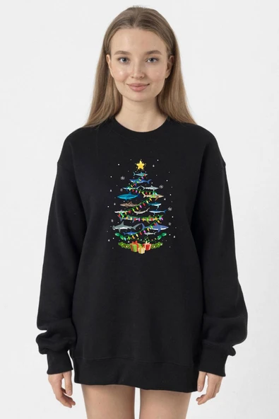 Shark Christmas Tree Siyah Kadın 2ip Sweatshirt ürün görseli 1