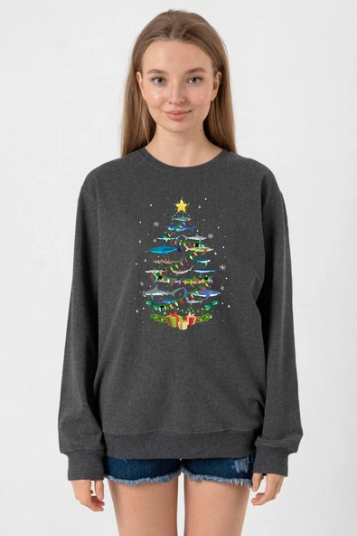 Shark Christmas Tree Füme Kadın 2ip Sweatshirt ürün görseli 1
