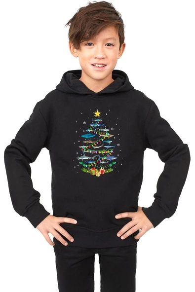 Shark Christmas Tree Siyah Çocuk 3ip Kapşonlu ürün görseli 1
