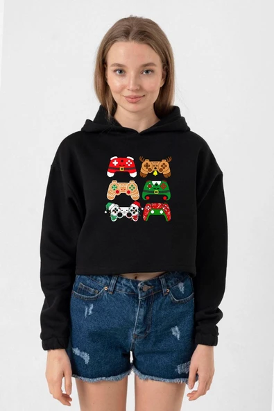 Video Game Controller Christmas Siyah Kadın Crop Kapşonlu ürün görseli 1