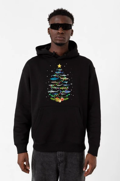 Shark Christmas Tree Siyah Erkek 3ip Kapşonlu Sweatshirt ürün görseli 1