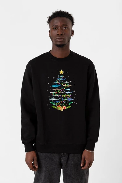 Shark Christmas Tree Siyah Erkek 2ip Sweatshirt ürün görseli 1