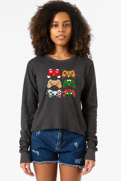 Video Game Controller Christmas Füme Ekstra Uzunkol Sweatshirt ürün görseli 1