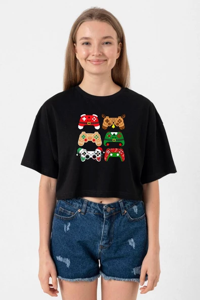 Video Game Controller Christmas Siyah Kadın Crop Tshirt ürün görseli 1