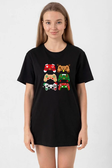 Video Game Controller Christmas Siyah Kadın Oversize Tshirt ürün görseli 1