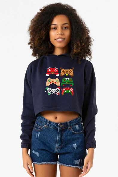 Video Game Controller Christmas Lacivert Kadın Crop Kapşonlu ürün görseli 1