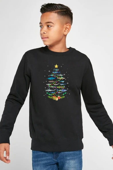 Shark Christmas Tree Siyah Çocuk 2ip Sweatshirt ürün görseli 1