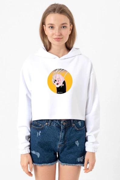 Meovv Meow Beyaz Optik Kadın Crop Kapşonlu ürün görseli 1
