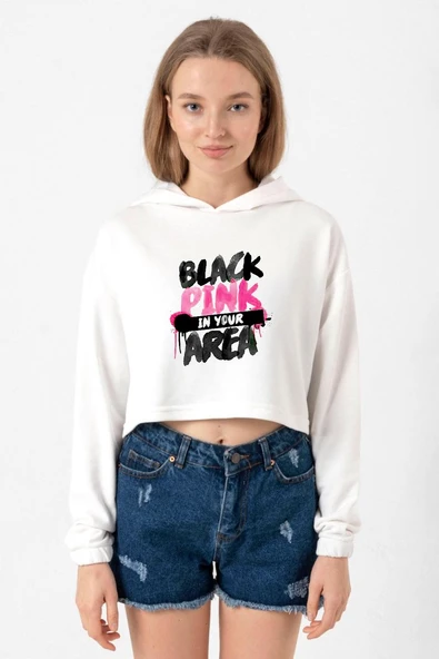 Black Pink In Your Area Ekru Kadın Crop Kapşonlu ürün görseli 1