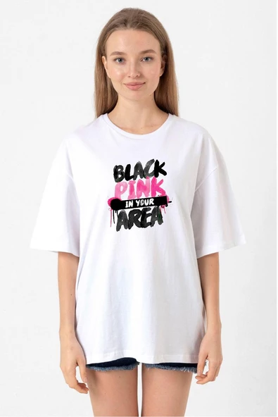 Black Pink In Your Area Beyaz Kadın Oversize Tshirt ürün görseli 1