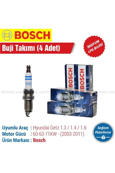Bosch Hyundai Getz 1.3/1.4/1.6 İridyum LPG Buji Takımı 4 adet (2003-2011)Motor Gücü:60KW - 63KW - 71KW ürün görseli 1