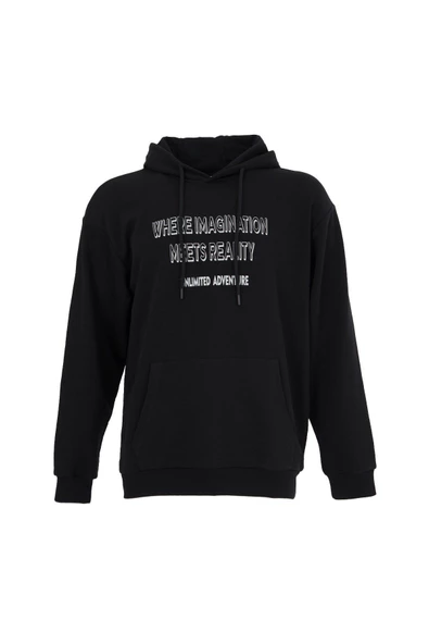Erkek Baskılı Kapüşonlu Sweat Siyah - Resim 2