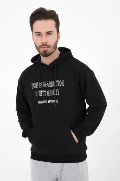 Erkek Baskılı Kapüşonlu Sweat Siyah ürün görseli 1