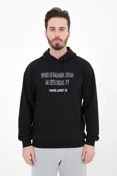 Erkek Baskılı Kapüşonlu Sweat Siyah - Resim 3