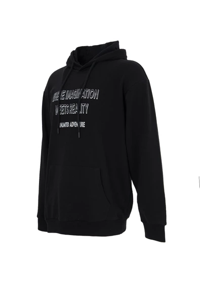 Erkek Baskılı Kapüşonlu Sweat Siyah - Resim 4