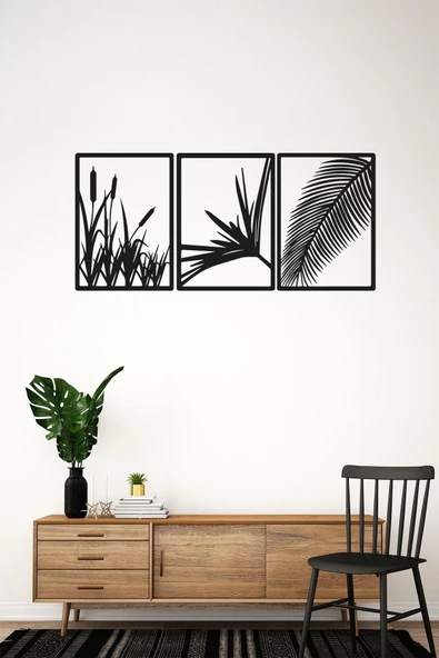 Kuzeylina 3'lü Lazer Kesim Dekoratif Ahşap Sazlık Tablo - 98x25 cm (Her Biri 18x25 cm) ürün görseli 1