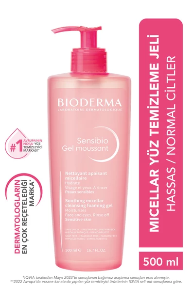 Bioderma Sensibio Foaming Gel Hassas ve Normal Ciltler Durulanan Micellar Yüz Temizleme Jeli 500 ml ürün görseli 1