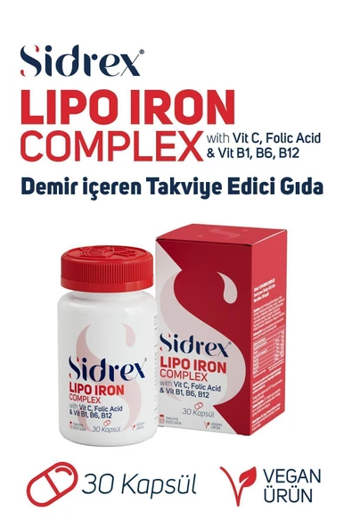 SIDREX Lipo Iron Complex Demir Içeren Takviye Edici Gıda 30 Kapsül ürün görseli 1
